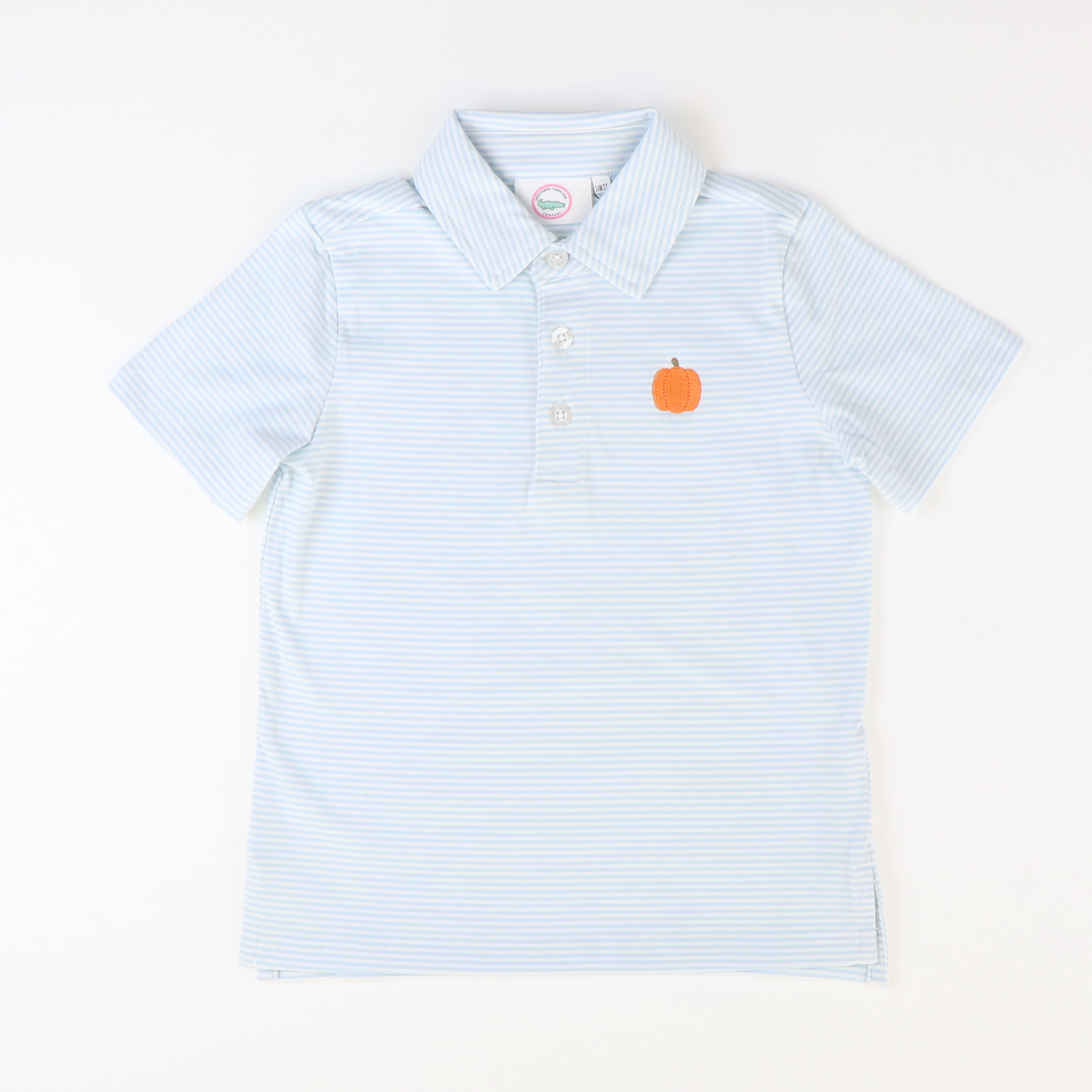 Embroidered Pumpkin Knit Polo -  Light Blue Thin Stripe