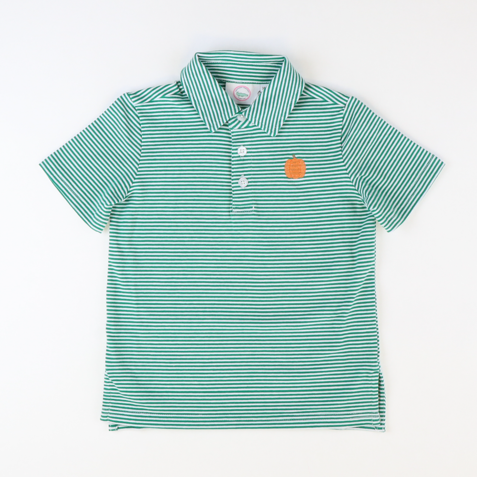Embroidered Pumpkin Knit Polo - Green Thin Stripe