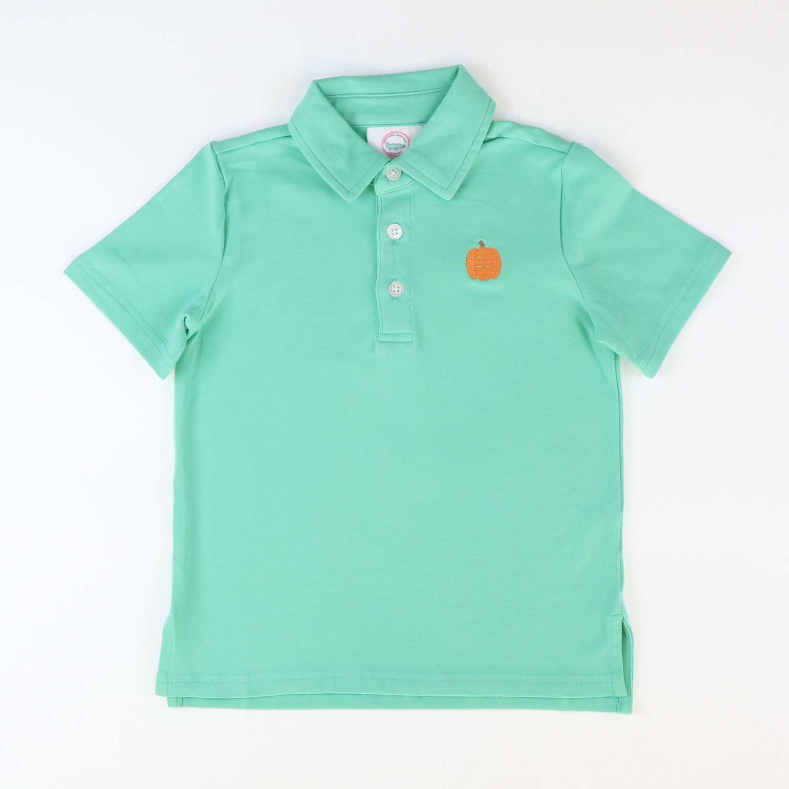 Embroidered Pumpkin Knit Polo - Seafoam Green