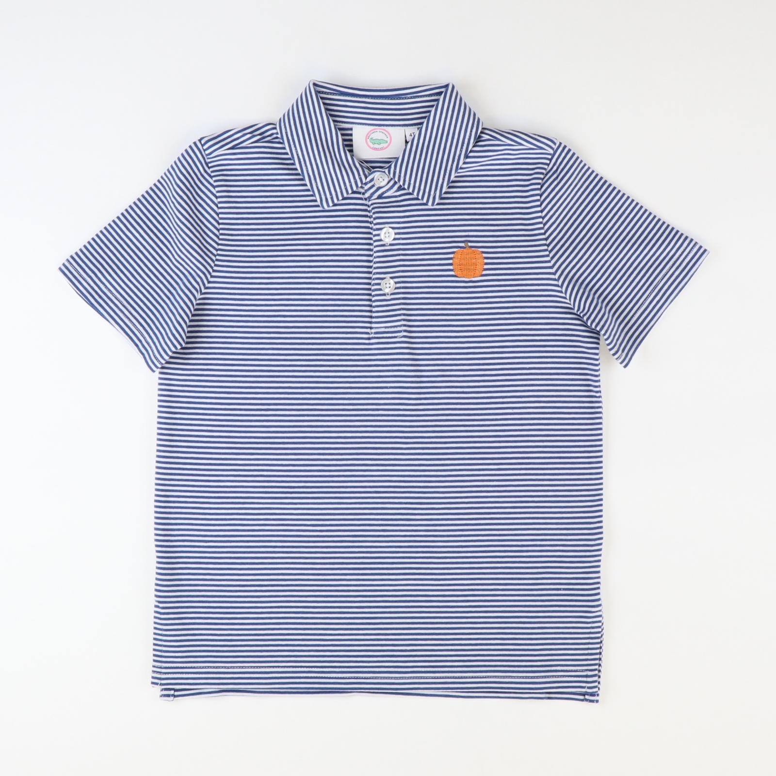 Embroidered Pumpkin Knit Polo -  Slate Thin Stripe