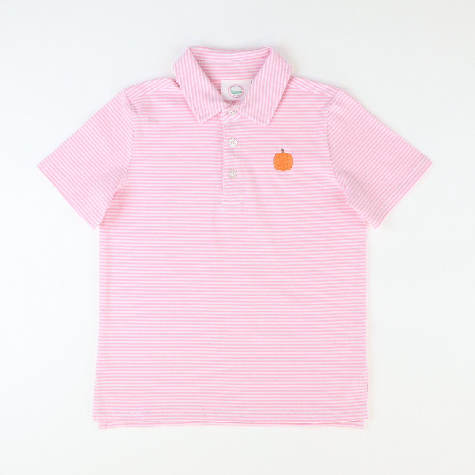 Embroidered Pumpkin Knit Polo - Pink Thin Stripe