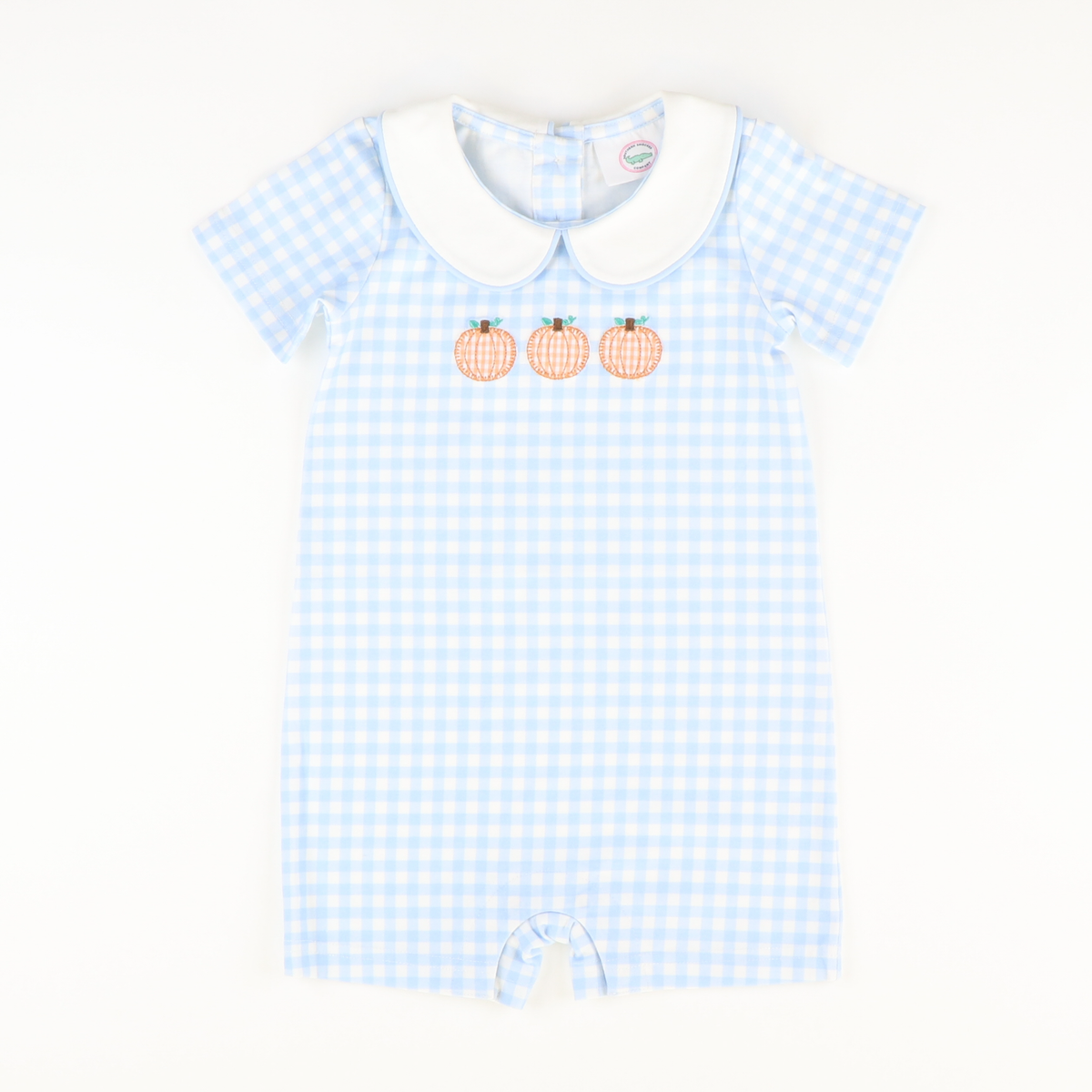 Pumpkin Trio Appliqué Boy Romper - Light Blue Check Knit