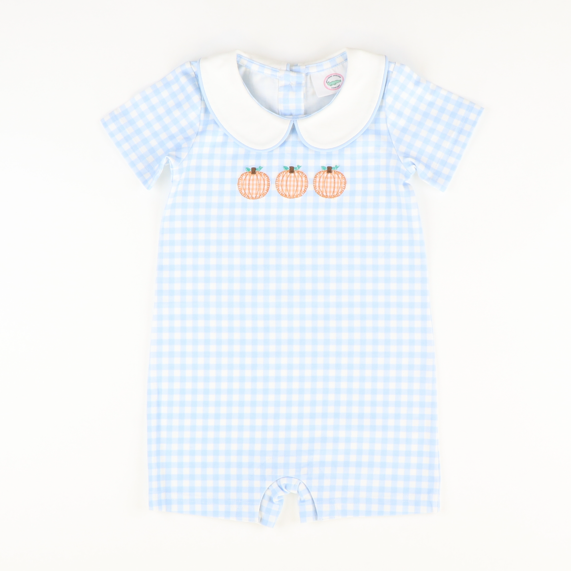 Pumpkin Trio Appliqué Boy Romper - Light Blue Check Knit