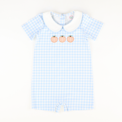 Pumpkin Trio Appliqué Boy Romper - Light Blue Check Knit