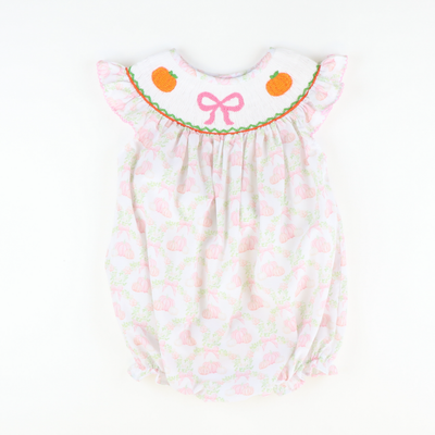 Smocked Pink Bow & Pumpkins Girl Bubble - Pumpkin Lattice - Stellybelly
