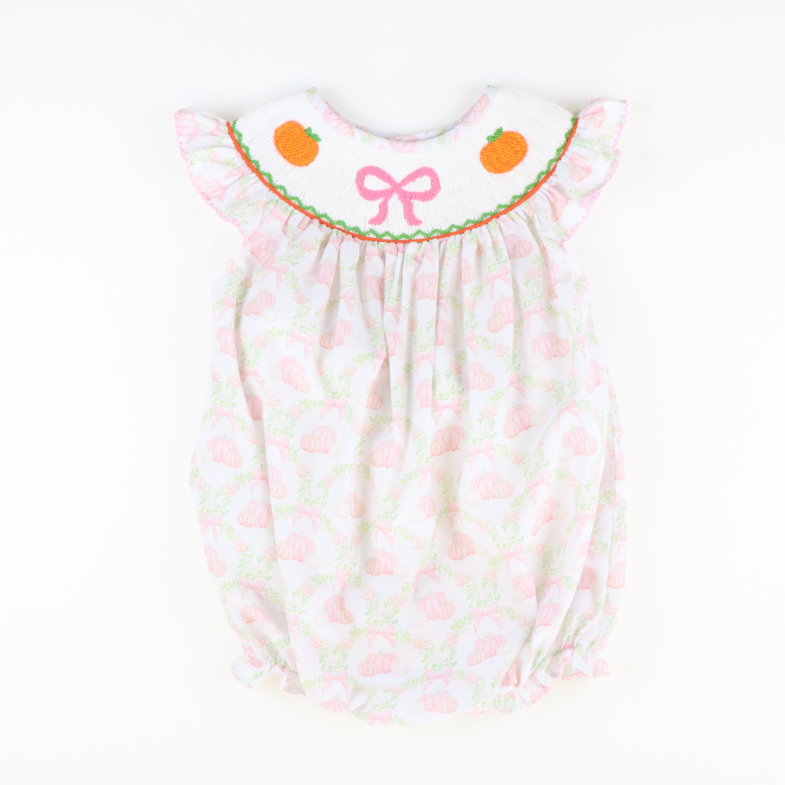 Smocked Pink Bow & Pumpkins Girl Bubble - Pumpkin Lattice - Stellybelly
