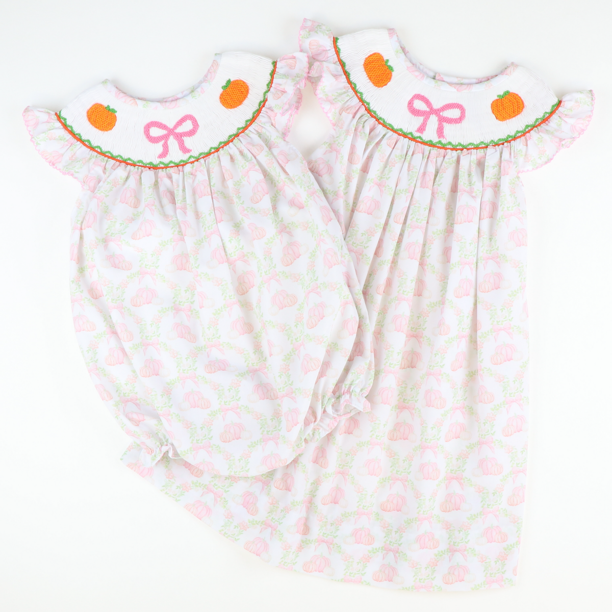 Smocked Pink Bow & Pumpkins Girl Bubble - Pumpkin Lattice