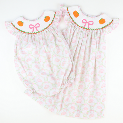 Smocked Pink Bow & Pumpkins Girl Bubble - Pumpkin Lattice - Stellybelly