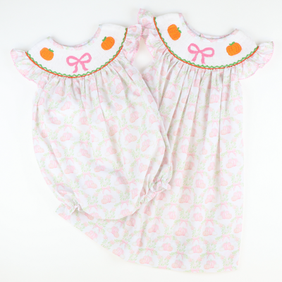 Smocked Pink Bow & Pumpkins Bishop- Pumpkin Lattice