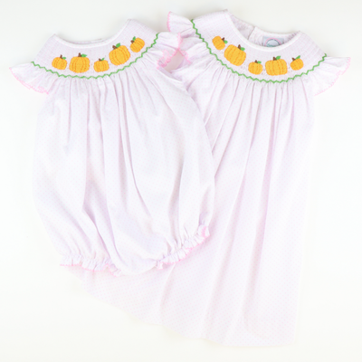 Smocked Pumpkin Patch Girl Bubble - Light Pink Dots