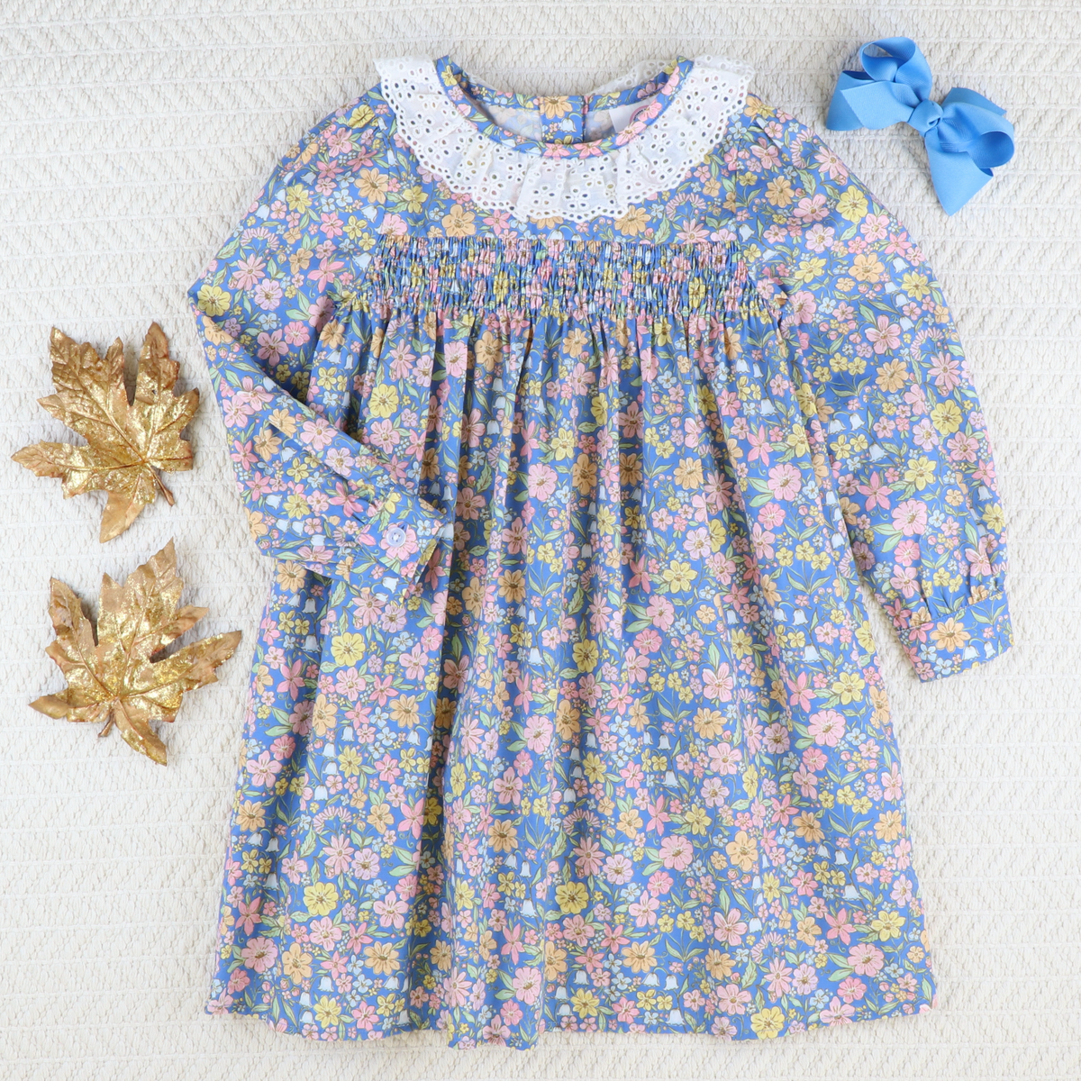 Eyelet Ruffle Dress - Blue Floral