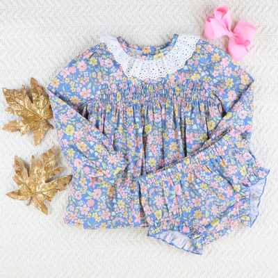 Eyelet Ruffle Set - Blue Floral