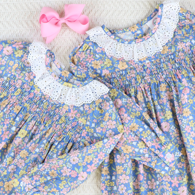 Eyelet Ruffle Set - Blue Floral