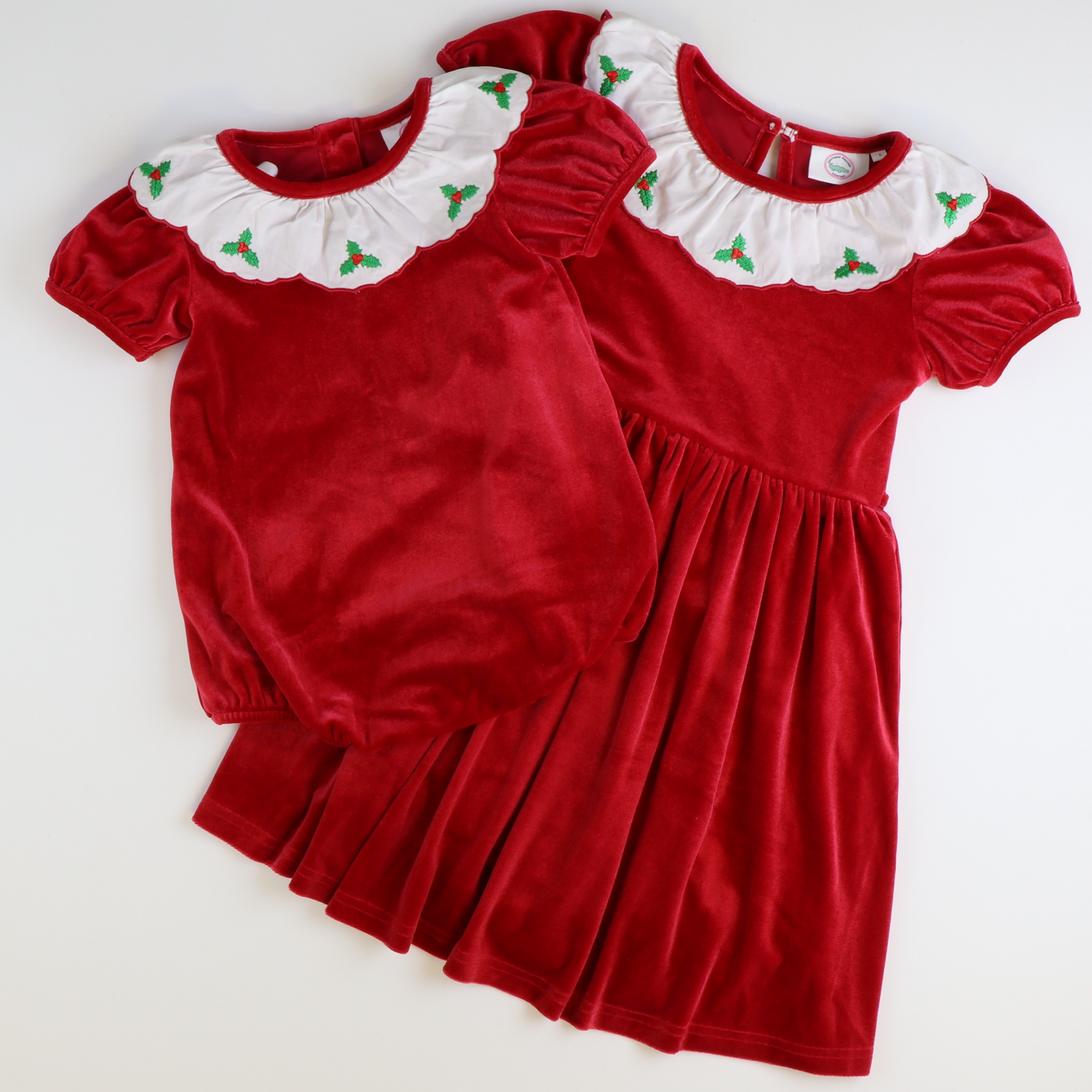 Embroidered Holly Holiday Red Velvet Girl Bubble Embroidered Holly Holiday Red Velvet Girl Bubble