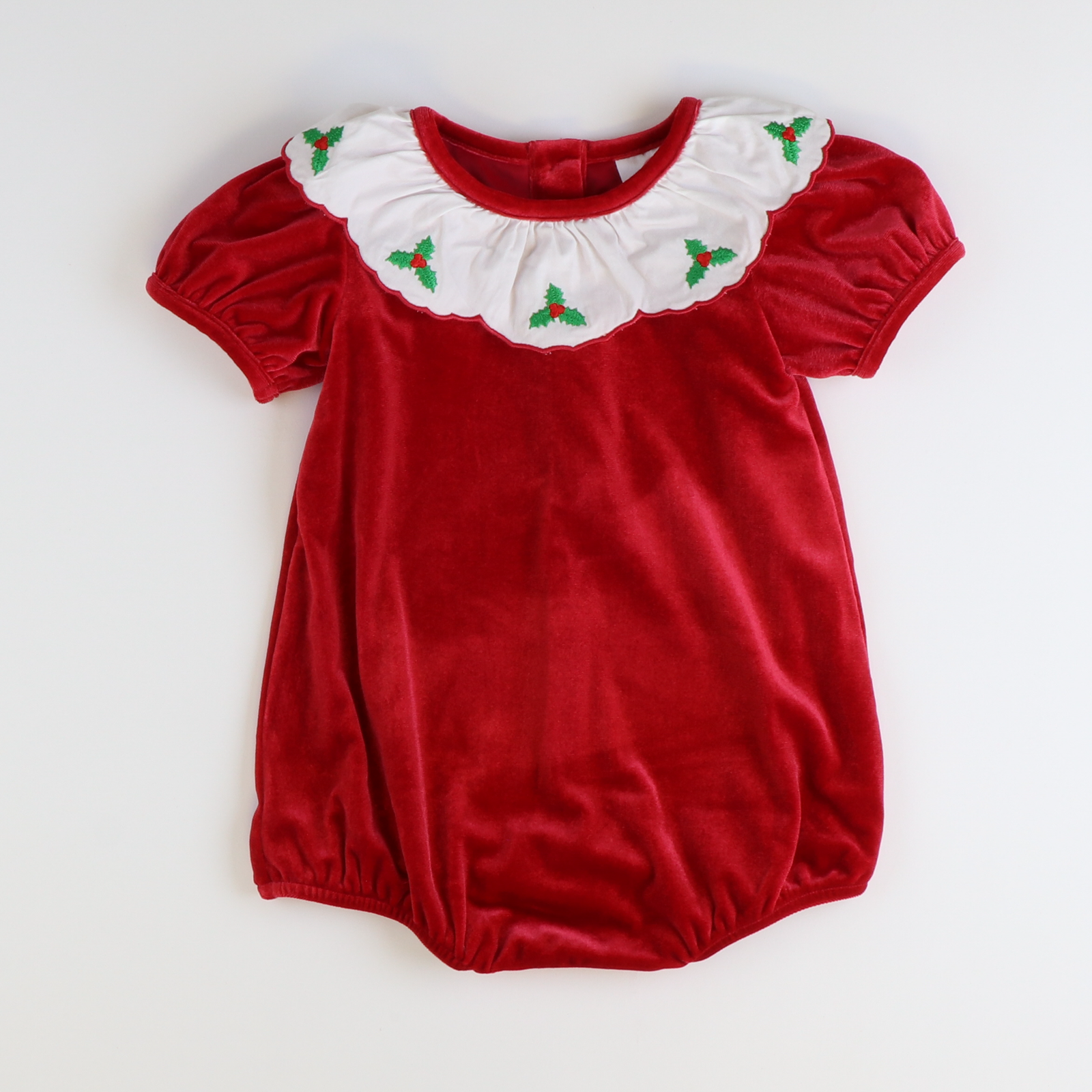 Embroidered Holly Holiday Red Velvet Girl Bubble - Stellybelly