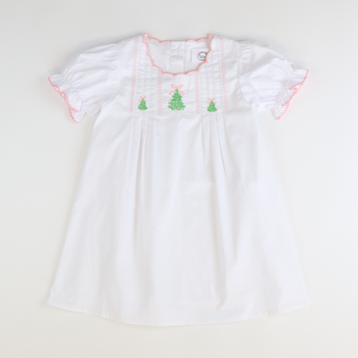 Embroidered Christmas Trees Dress - White - Stellybelly