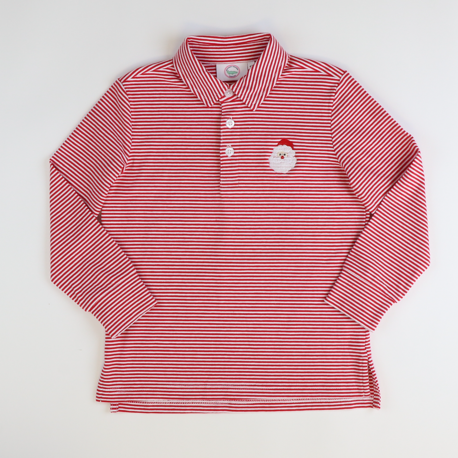 Embroidered Santa Face Long Sleeve Knit Polo - Holiday Red Stripe