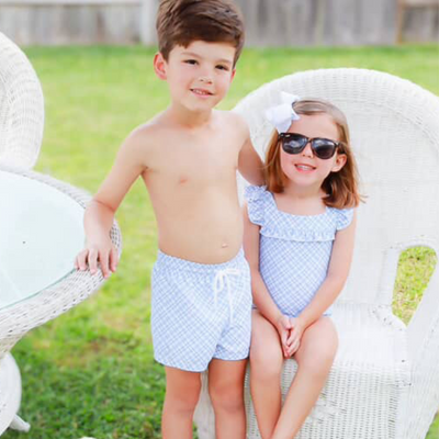 Frilly Swimsuit - Coastal Blue Plaid