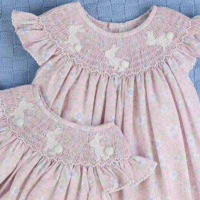 Smocked White Silhouette Bunnies Girl Bubble - Pink Floral - Southern Smocked Co.
