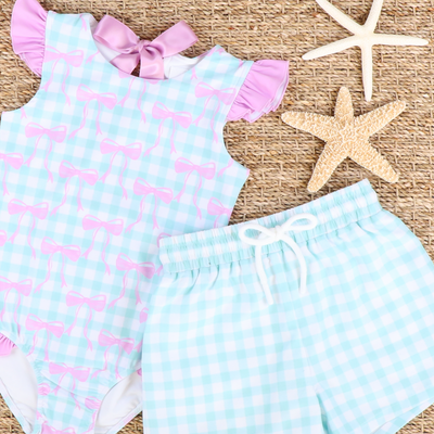 Rashguard Swimsuit - Pink Bows Mint Gingham