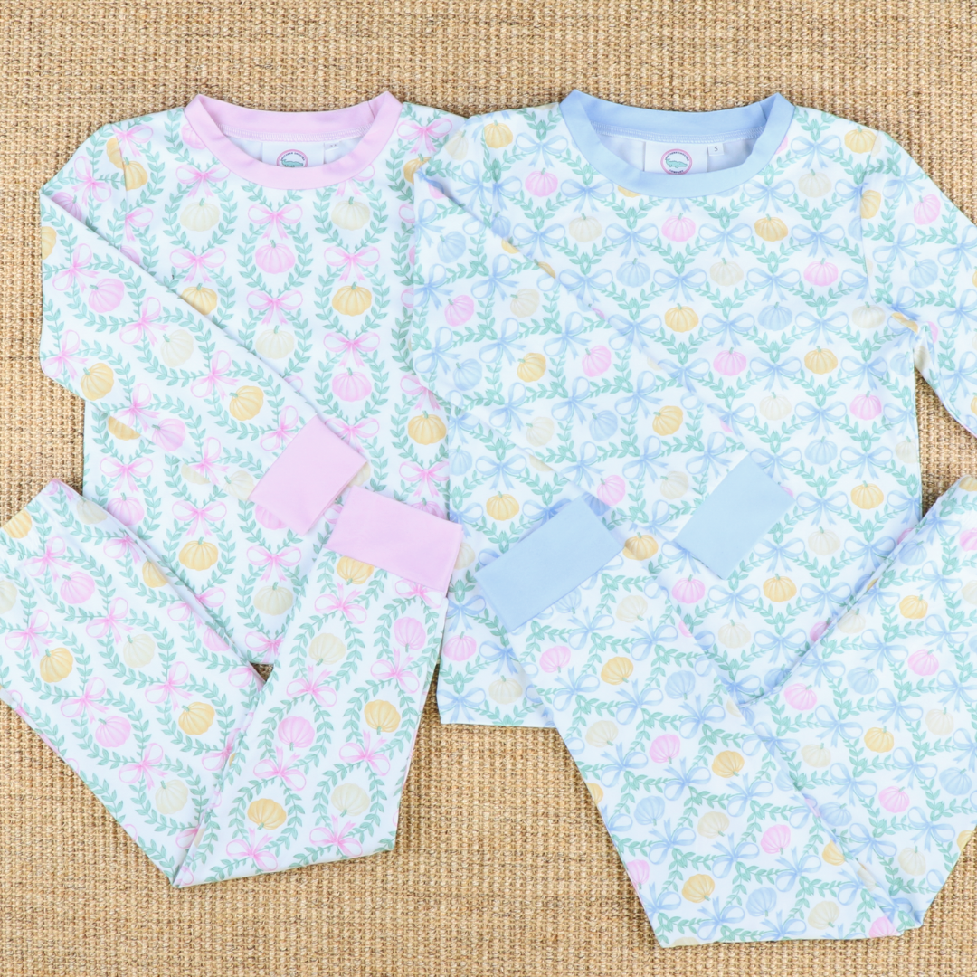 Pajama Set - Pumpkin Blue Bow Trellis