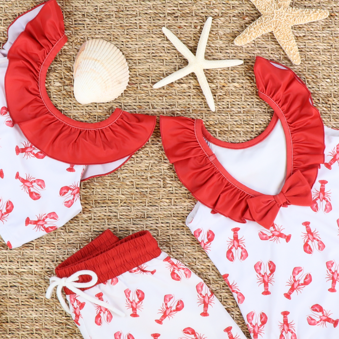 Ruffle Neck Swimsuit - Lobsters