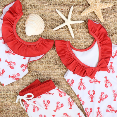 Ruffle Neck Swimsuit - Lobsters