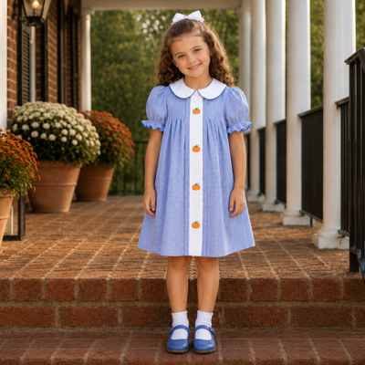 Embroidered Pumpkins Collared Dress - Blue Gingham