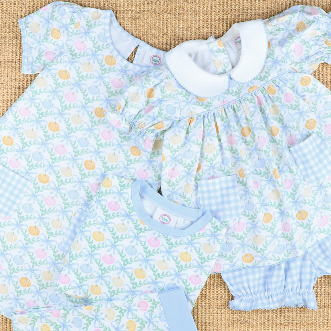 Playground Pocket Dress - Pumpkin Blue Bow Trellis
