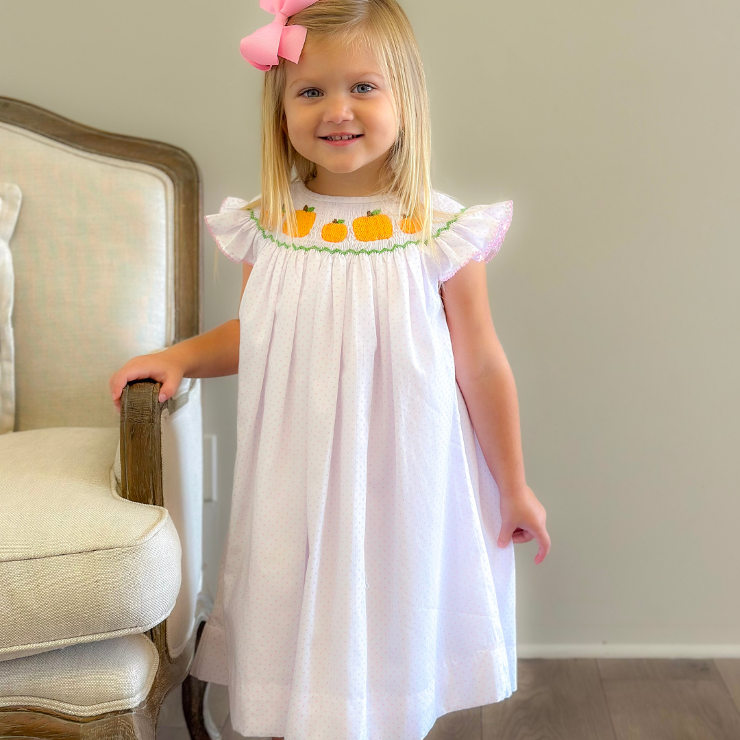 Smocked Pumpkin Patch Bishop- Light Pink Dots - Southern Smocked Co.
