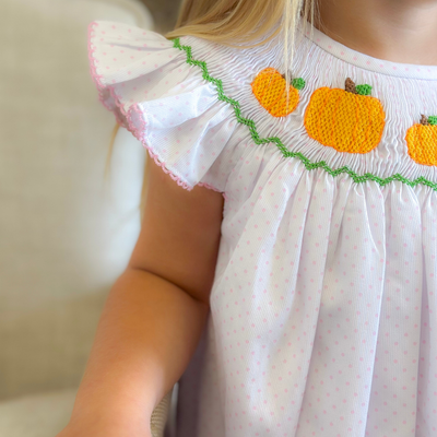 Smocked Pumpkin Patch Bishop- Light Pink Dots