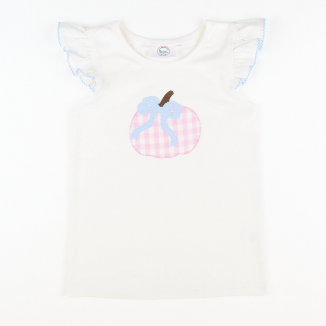 Light Pink Check Pumpkin Appliqué Flutter Top - White Knit