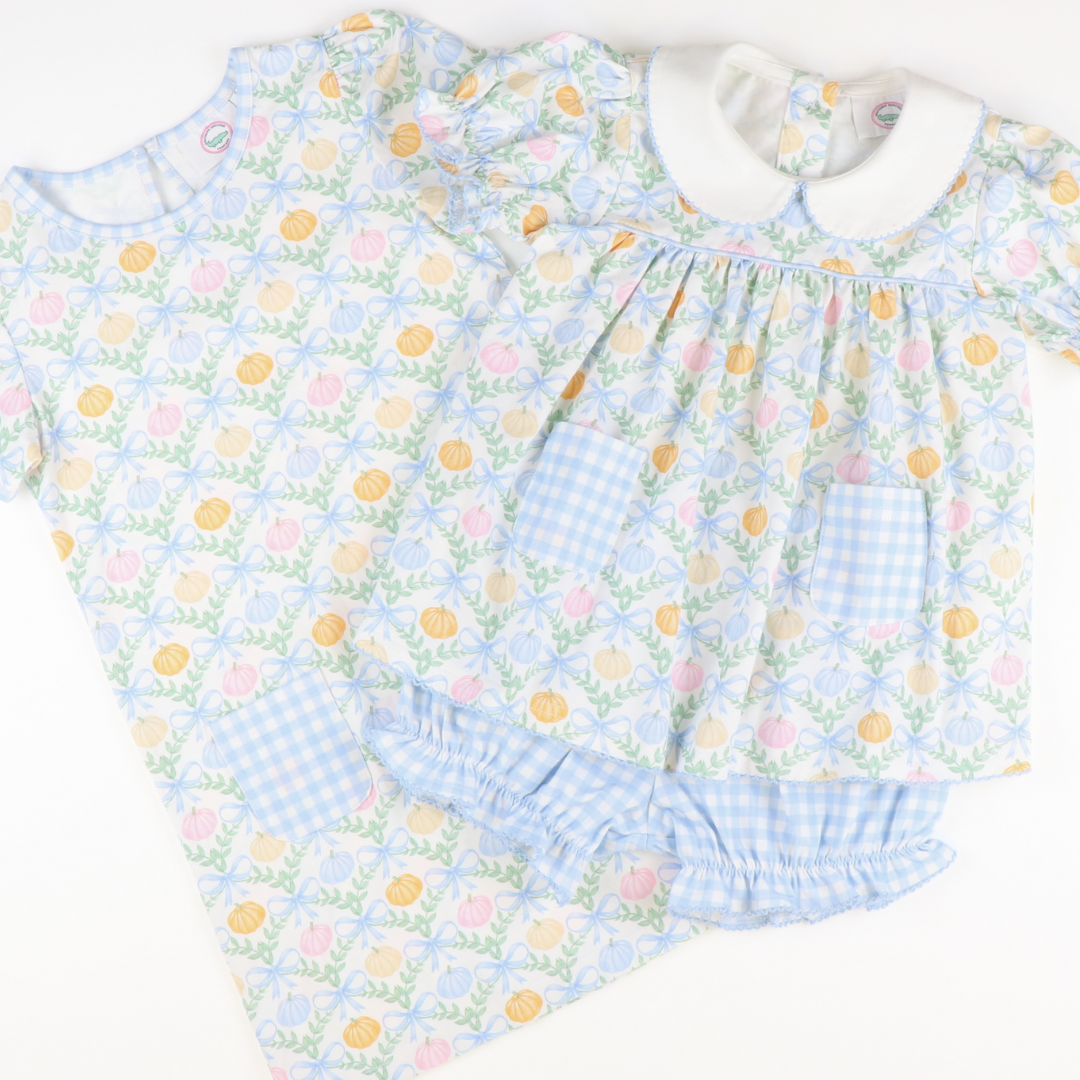 Playground Pocket Dress - Pumpkin Blue Bow Trellis