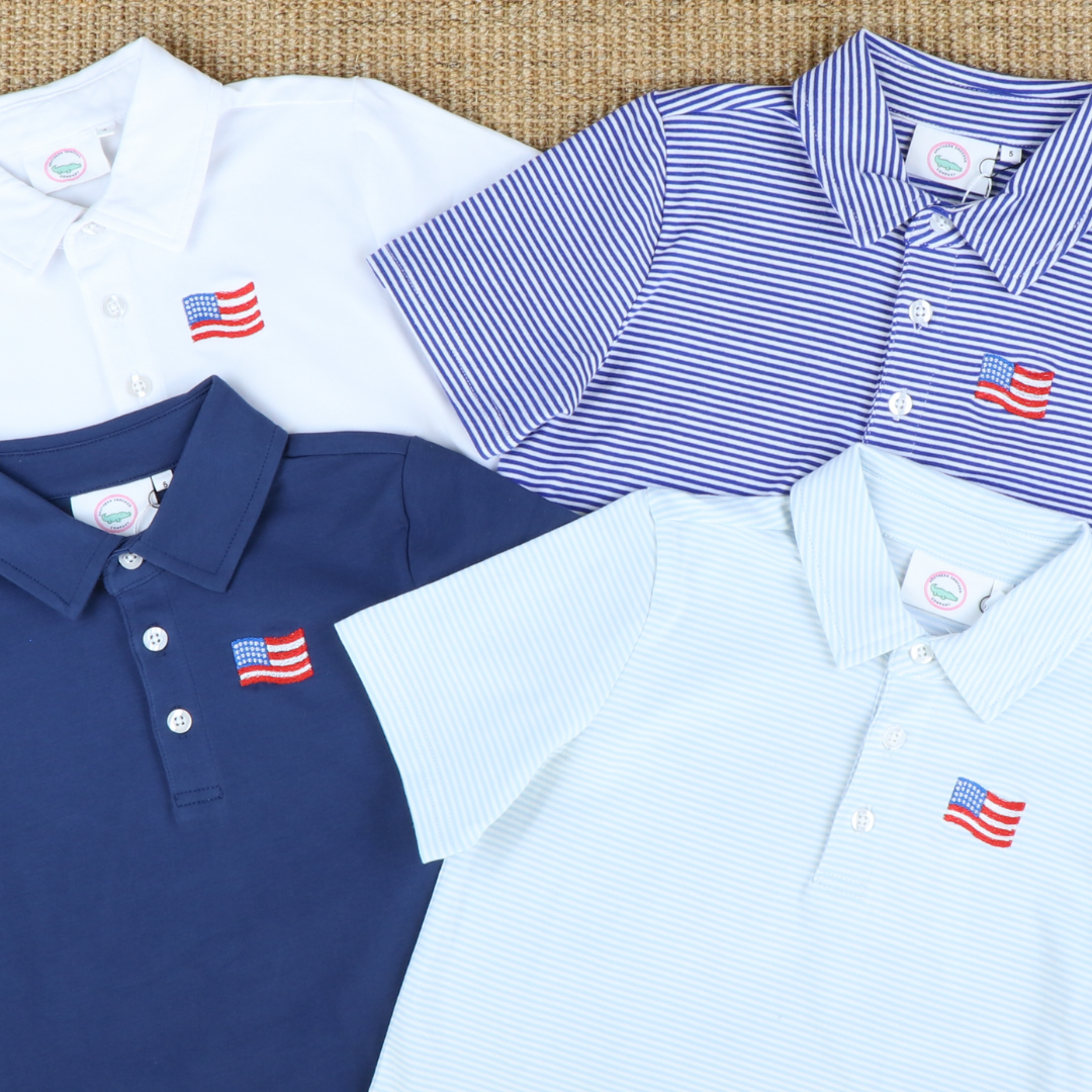 Embroidered Flag Knit Polo - Royal Blue Thin Stripe