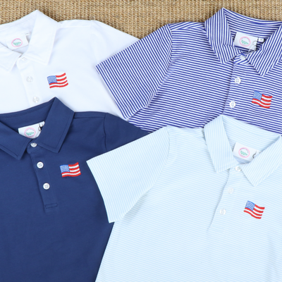 Embroidered Flag Knit Polo - Royal Blue Thin Stripe