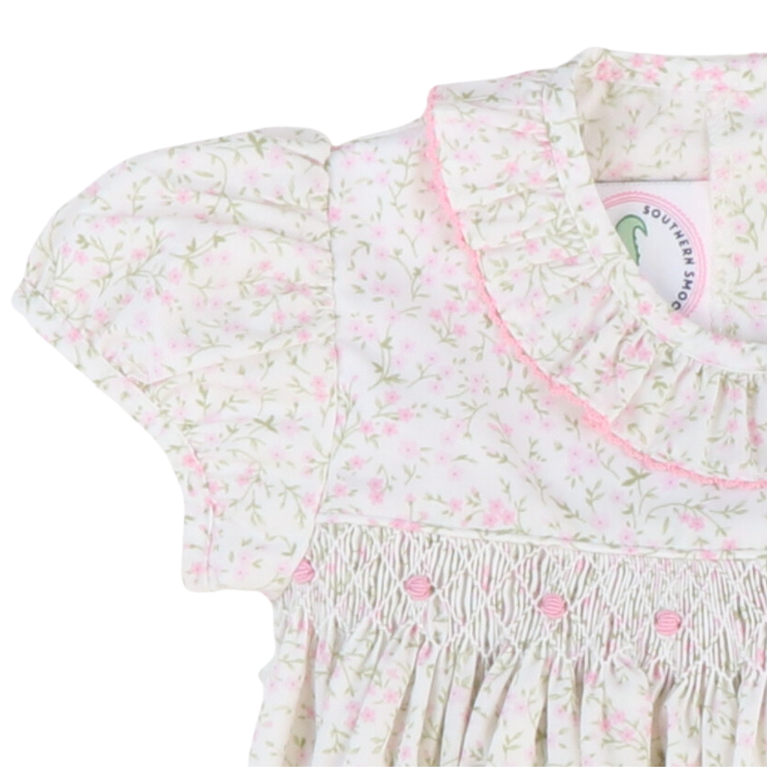 Smocked Rosette Ruffle Dress - Pink Floral