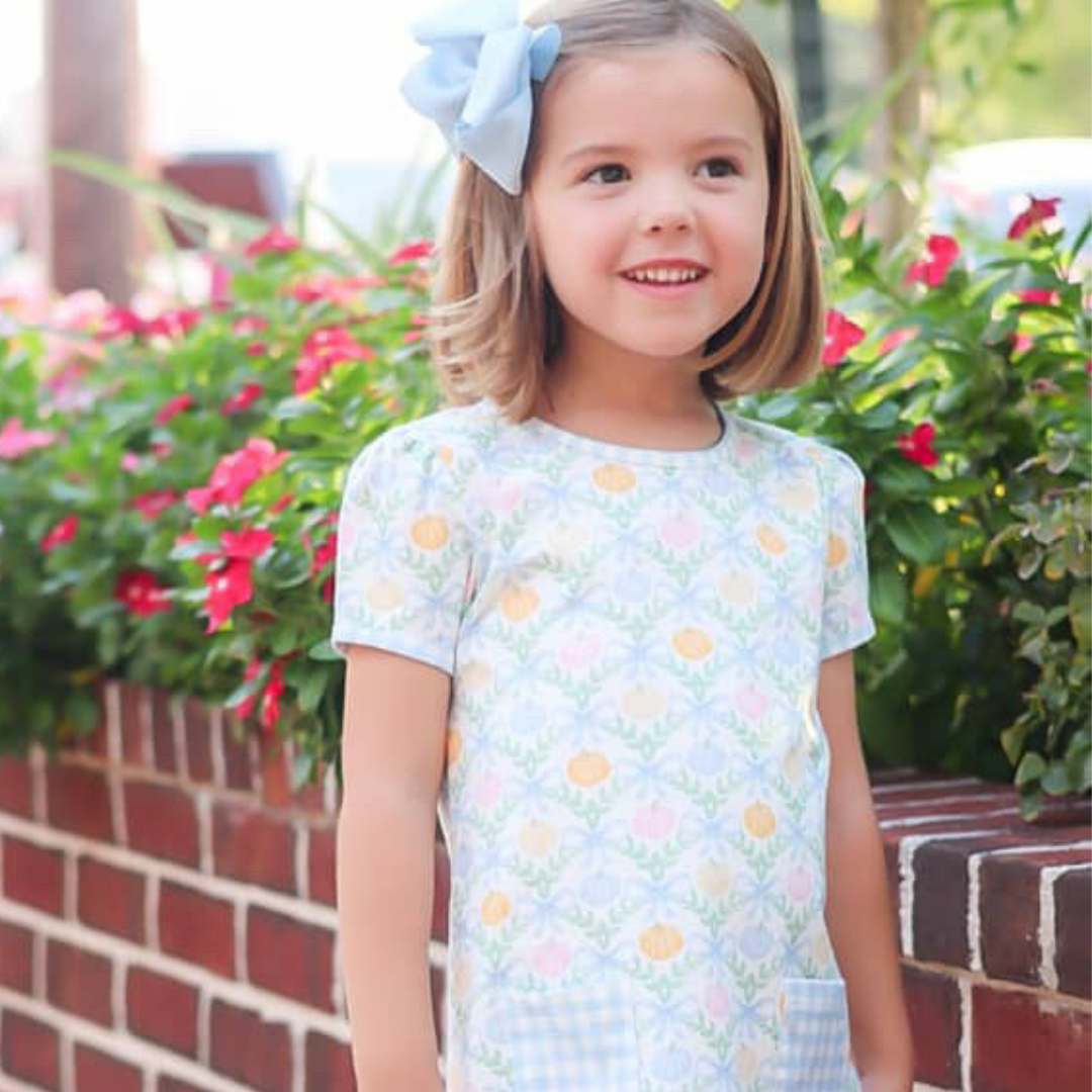 Playground Pocket Dress - Pumpkin Blue Bow Trellis