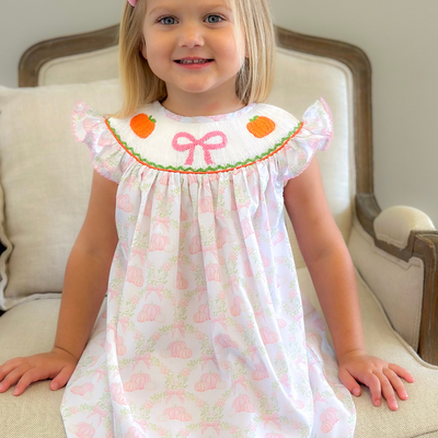 Smocked Pink Bow & Pumpkins Bishop- Pumpkin Lattice