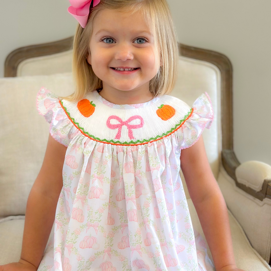 Smocked Pink Bow & Pumpkins Bishop- Pumpkin Lattice