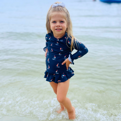 Two-Piece Long Sleeve Rash Guard - Navy Sail Away