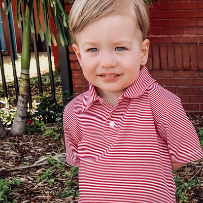 Boys Signature Knit Polo - Red Thin Stripe