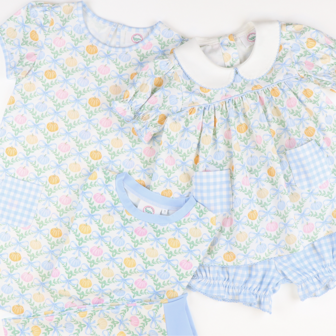 Playground Pocket Dress - Pumpkin Blue Bow Trellis