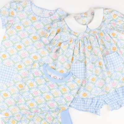 Playground Pocket Dress - Pumpkin Blue Bow Trellis