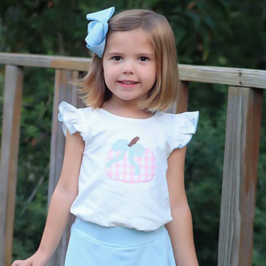 Light Pink Check Pumpkin Appliqué Flutter Top - White Knit