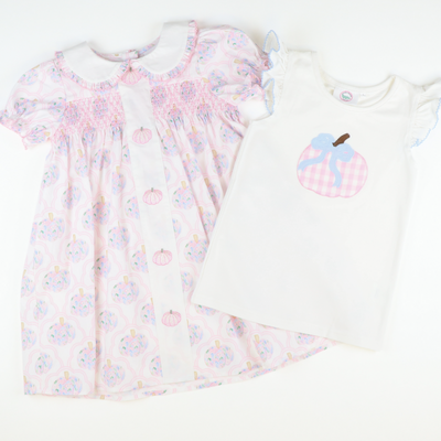 Light Pink Check Pumpkin Appliqué Flutter Top - White Knit