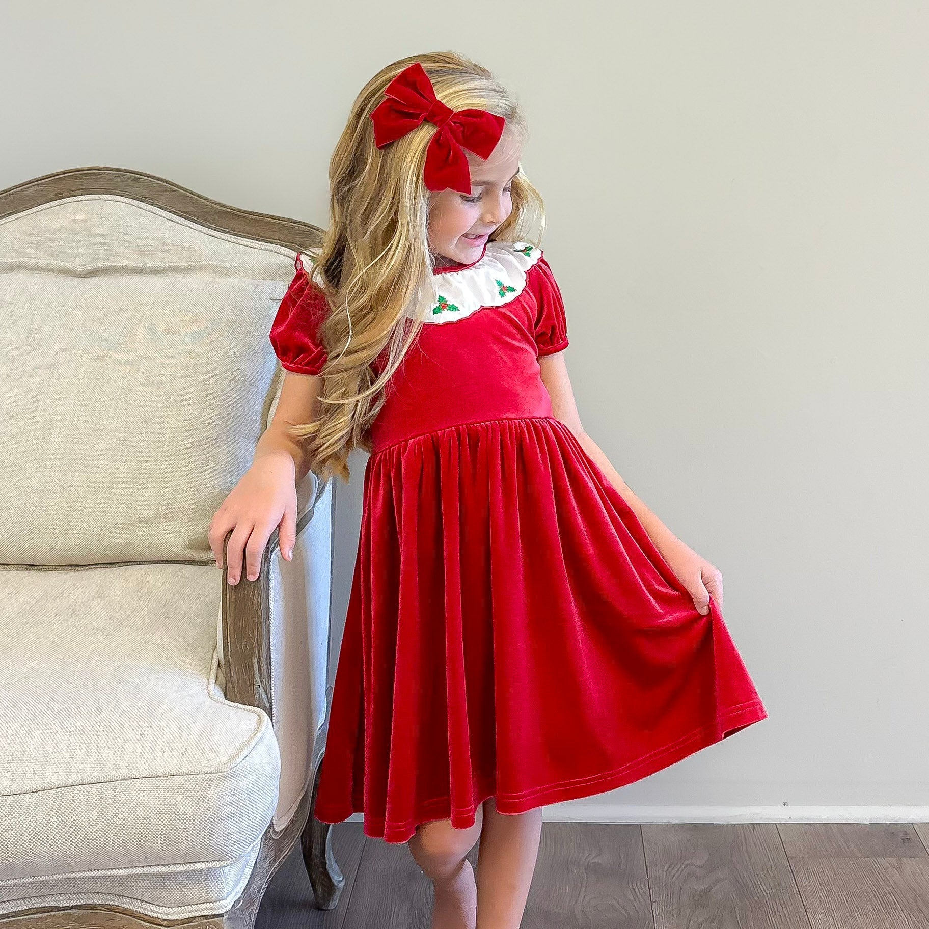 Embroidered Holly Holiday Red Velvet Dress Embroidered Holly Holiday Red Velvet Dress
