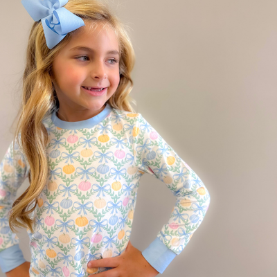 Pajama Set - Pumpkin Blue Bow Trellis