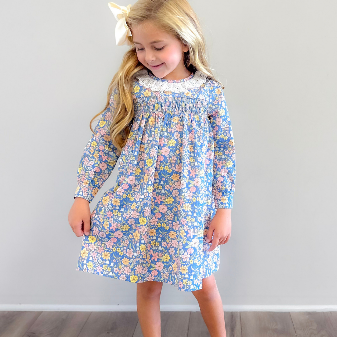 Eyelet Ruffle Dress - Blue Floral