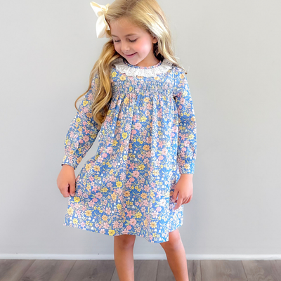Eyelet Ruffle Dress - Blue Floral