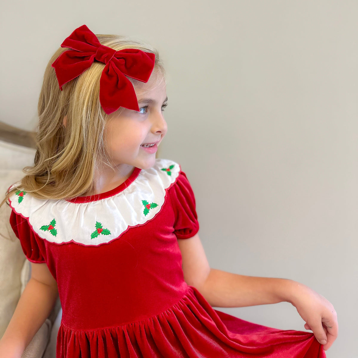 Embroidered Holly Holiday Red Velvet Dress - Stellybelly